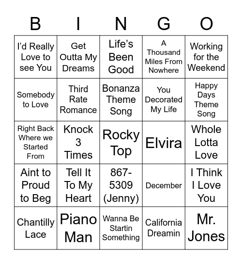 Music Bingo 19 Bingo Card