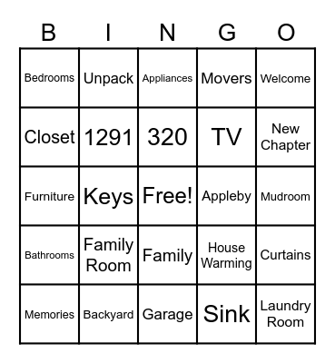 Housewarming Party Bingo Card