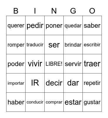 Spanish Verbs (Preterite- Simple Past) Bingo Card