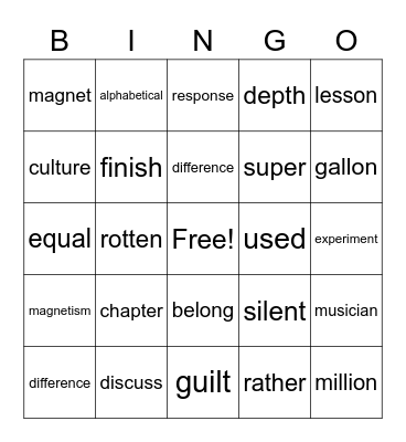 4th Grade National Reading Vocabulary Bingo Card