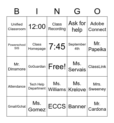Student Orientation Bingo Card
