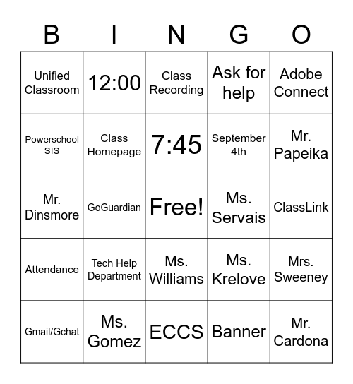 Student Orientation Bingo Card