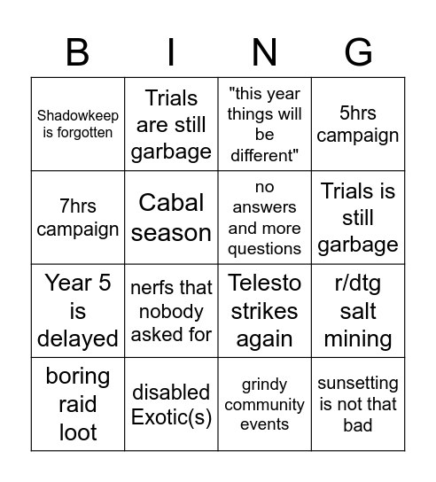 Beyond Light Bingo Card