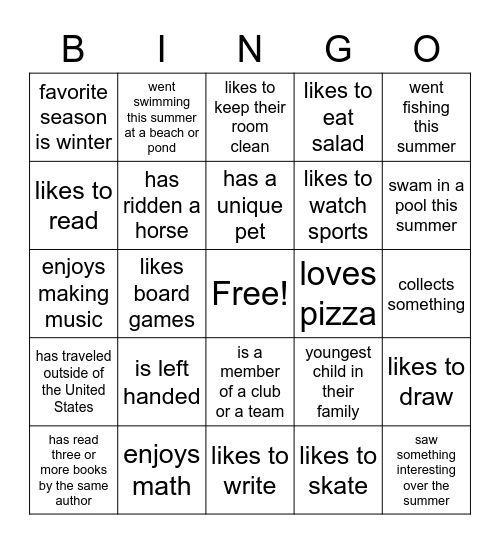 All About Me BINGO Card