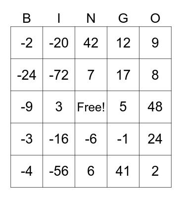 Integer Multiplication and Division Bingo Card