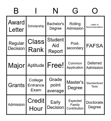 College Vocabulary Bingo Card