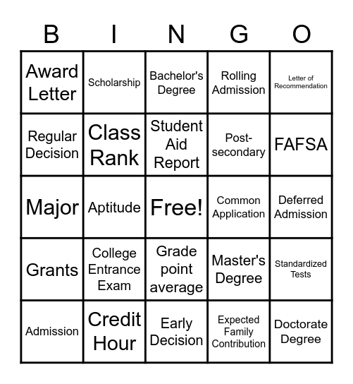 College Vocabulary Bingo Card