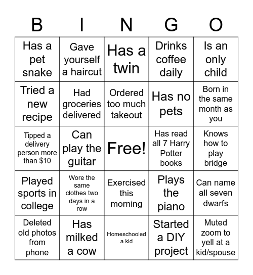 HHIHS Ice Breaker Bingo Card