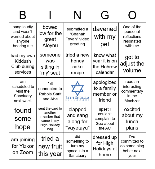 Beth Sholom Rosh Hashanah Bingo Card