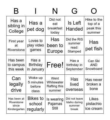 Riverstone Outdoor Ed Bingo Card