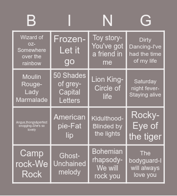 SONGS FROM MOVIES MUSIC BINGO Card