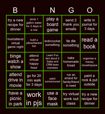 COVID ACTIVIIES CARD A Bingo Card