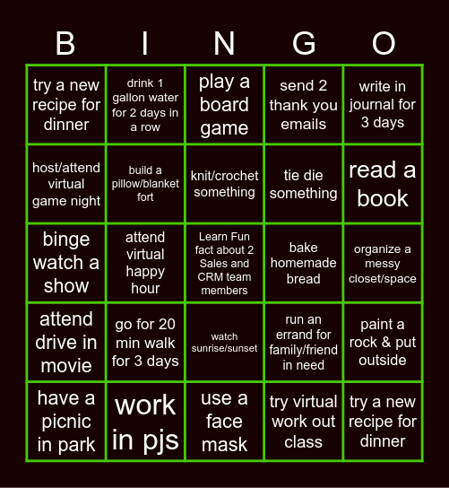COVID ACTIVIIES CARD A Bingo Card
