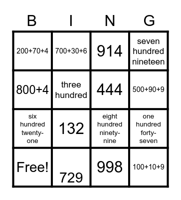 Place Value Bingo Card