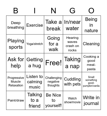 Coping/Calming Skills to Manage Stress/Anxiety Bingo Card