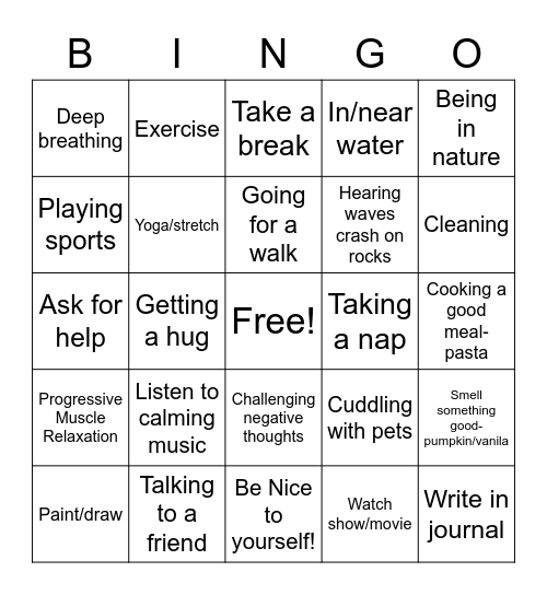 Coping/Calming Skills to Manage Stress/Anxiety Bingo Card