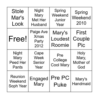 Mary's Memory Bingo Card