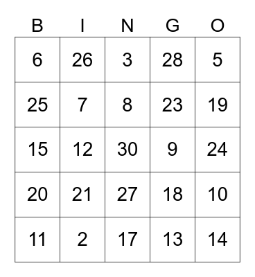 Numeros 1-30 Bingo Card