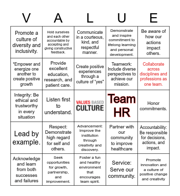 HR Values Base Culture Bingo Card