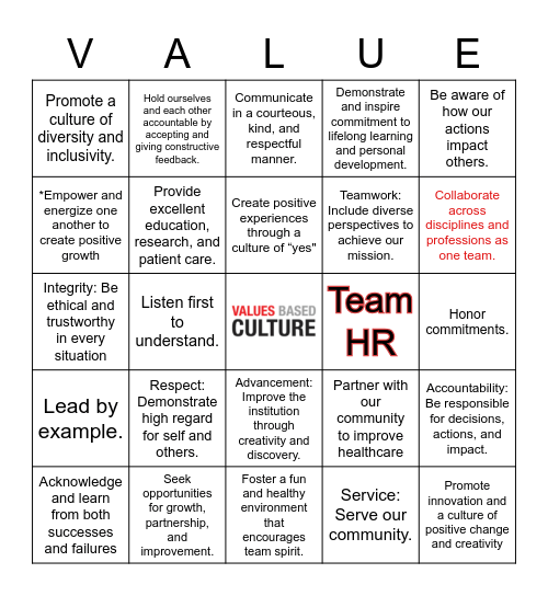 HR Values Base Culture Bingo Card