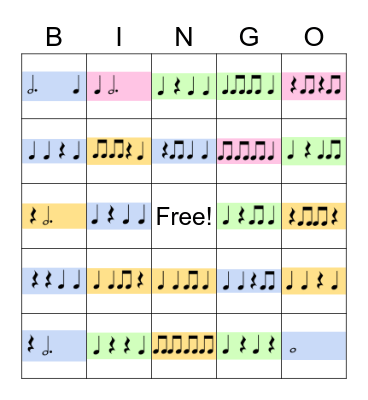Rhythm Bingo - Quarters, Dotted Halves, Eighths, Whole Bingo Card