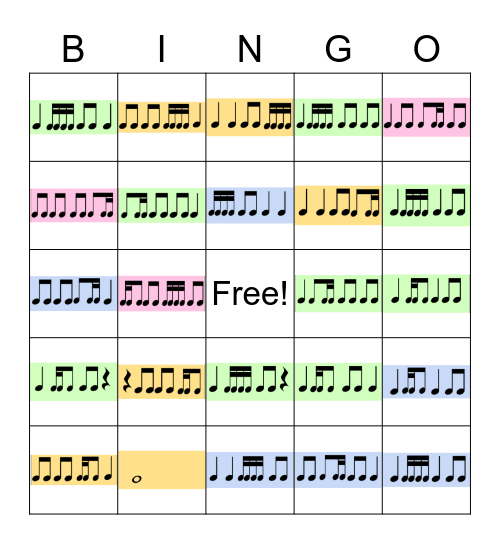 Rhythm Bingo - Quarters, Eighths, Sixteenths, Whole Bingo Card