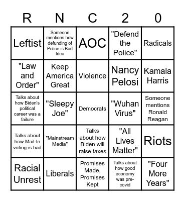 RNC 2020 Bingo Card