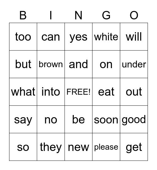 Sight Word Bingo Card