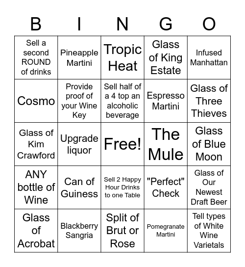 Wine and Beverage Bingo Card