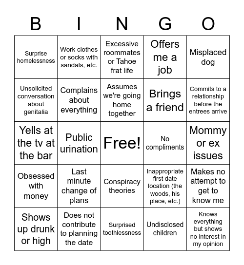 Bad Date Bingo Card