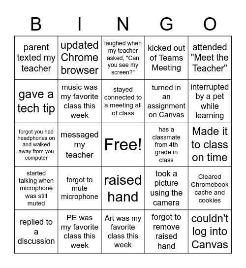 Virtual Learning Bingo Card