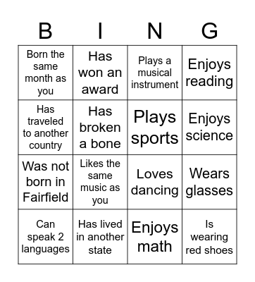 Period 6 Getting to Know You Bingo Card