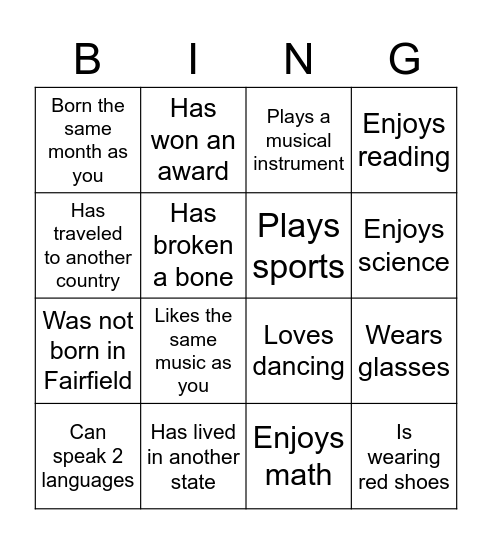 Period 6 Getting to Know You Bingo Card