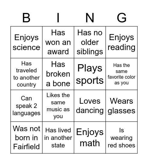 Period 6 Getting to Know You Bingo Card