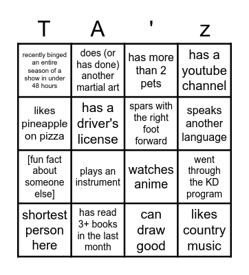 Hiruko TA Bingo Card