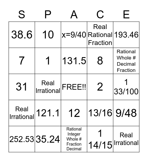 Space Bingo Card