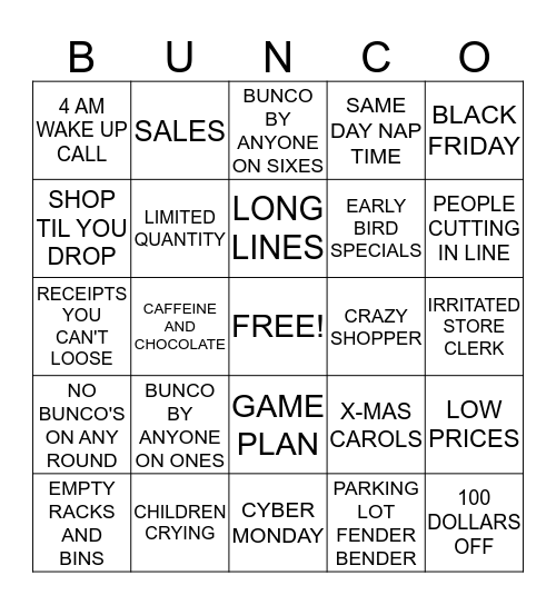 BLACK FRIDAY BUNCO 2014 Bingo Card