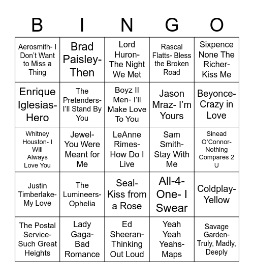Total-Quiz.com Presents Radio Bingo: Romance in the Song Bingo Card