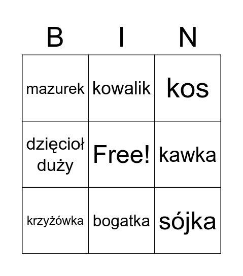 ptasie bingo Card