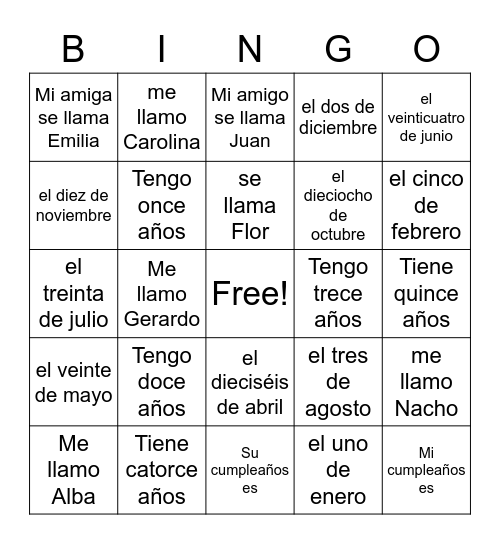 Spanish S1 SB 1B Bingo Card