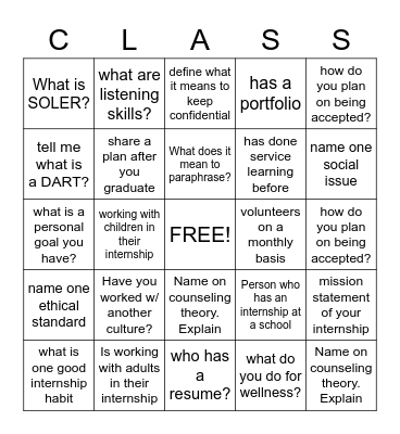 INTERNSHIP Bingo Card