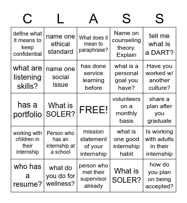 INTERNSHIP Bingo Card