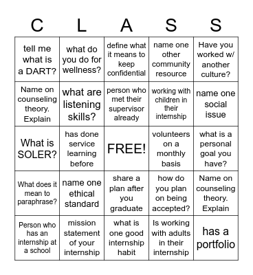 INTERNSHIP Bingo Card