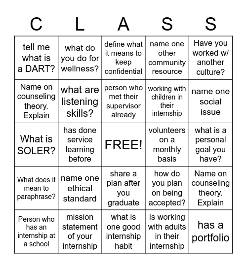 INTERNSHIP Bingo Card