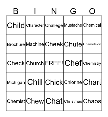 CH, SH, K, Words Bingo Card