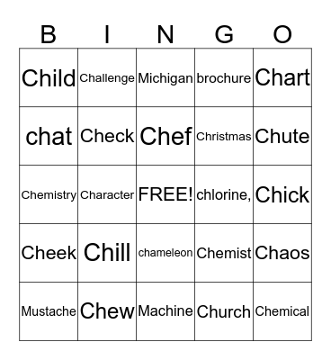 "Ch" "Sh" "K"  Words Bingo Card