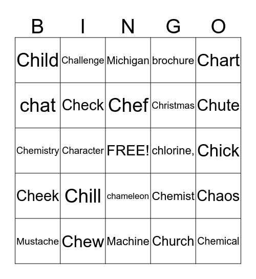 "Ch" "Sh" "K"  Words Bingo Card