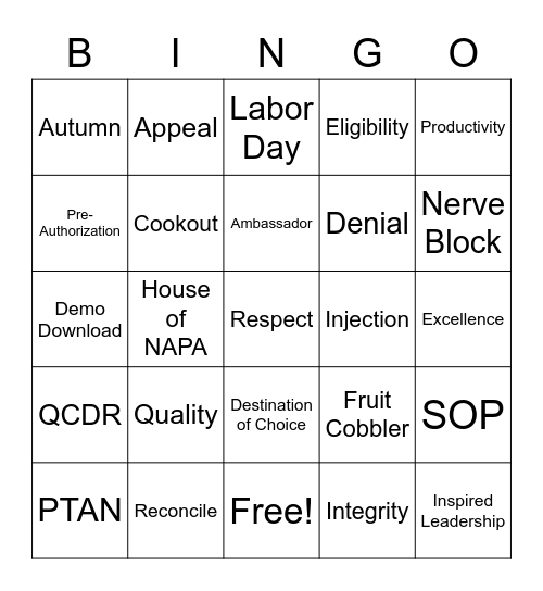 Pre Labor Day Bingo Card