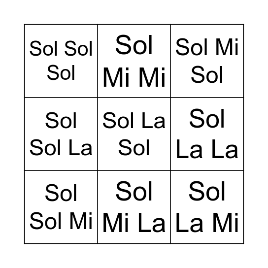 Solfege- Sol Mi La Bingo Card