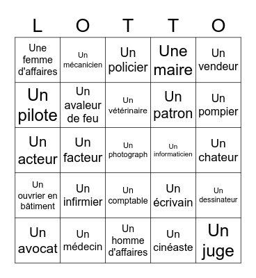 Les Professions Bingo Card